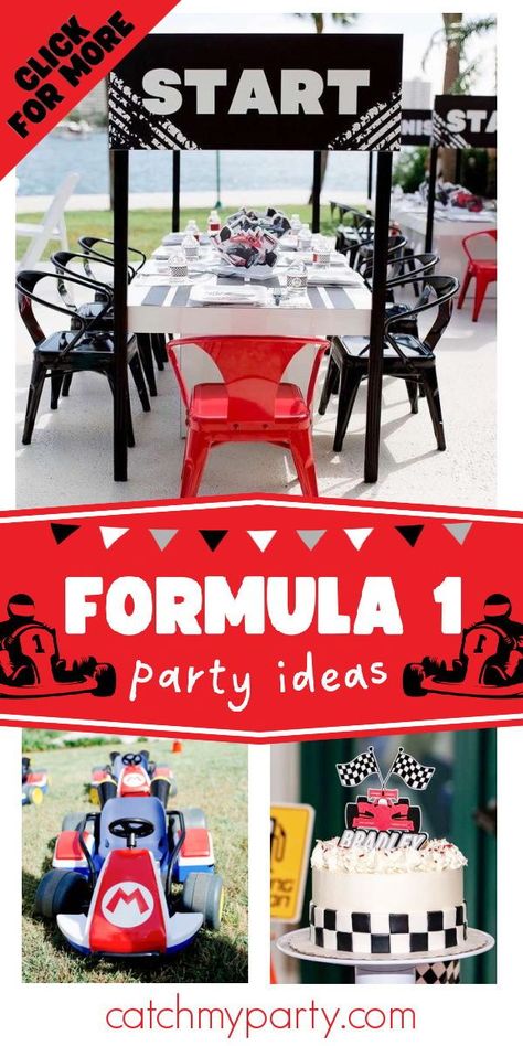 Check out this awesome Formula One party! The table settings are so much fun! See more party ideas and share yours at CatchMyParty.com Racing Theme Centerpieces, Formula One Themed Birthday, Formula One First Birthday Party, Race Car Party Centerpiece, Two Fast Birthday Activities, Formula 1 Party Decoration, Formula 1 First Birthday Party Ideas, Formula 1 First Birthday, F1 First Birthday Party