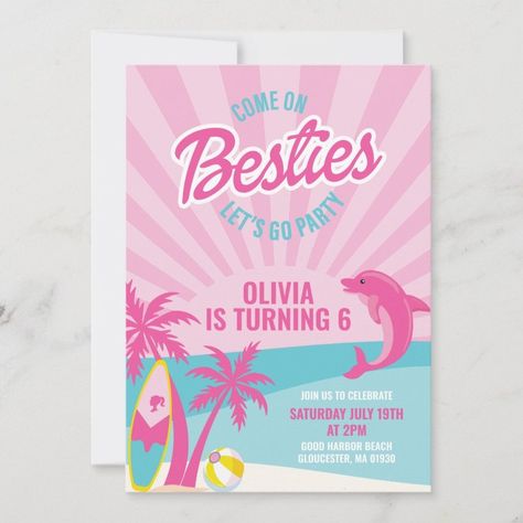 Besties Malibu doll beach birthday Invitation Zazzle Pink Beach Birthday, Malibu Barbie Pool Party, Pink Birthday Invitations, Beach Birthday Invitations, Barbie Pool Party, Barbie Invitations, Barbie Malibu, Barbie Party Decorations, Barbie Theme Party