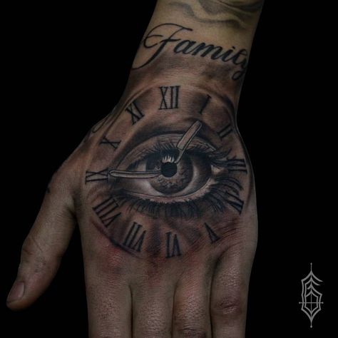 Eye in a Family clock Tattoo Eye With Clock Tattoo Design, Clock With Eye Tattoo Design, Family Clock Tattoo, Hand Clock Tattoo, Eye And Clock Tattoo, Clock Hand Tattoo, Eye Clock Tattoo, Time Clock Tattoo, Eye Tattoo Meaning