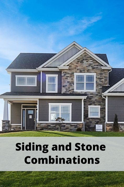 James Hardie siding products work exceptionally well with stone accents. Click to see how to achieve the look. Home featured here by Eddy Homes, Pittsburgh, Pennsylvania. Stone Front House With Siding, Siding Colors For Houses With Stone, Siding Ideas Exterior With Stone, House Siding Ideas Exterior With Stone, Home Exteriors With Stone And Siding, House Exterior Stone And Siding, Siding And Stone Combinations, Gray House With Stone Accent, Stone Accents On House Exterior