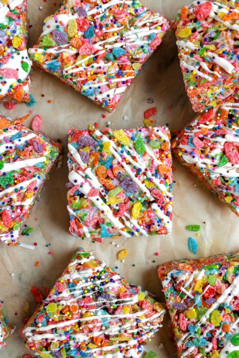 Fruity Pebble Marshmallow Treats - My Messy Kitchen Fruity Pebble Bars, Healthy Fruit Dessert, Rice Krispie Treats Variations, Popcorn Rice, Peanut Butter Cereal Bars, Fruity Pebbles Treats, Peanut Butter Bar, Marshmallow Cereal, Fruity Pebbles Cereal