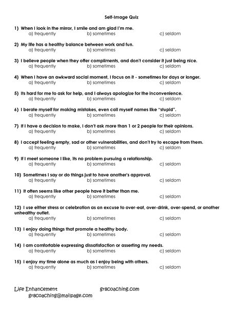 The Self Image Quiz!  This self-image quiz spoke to me because it literally asks heart-wrenching questions to deeply think about. I chose this because it seems like a fun activity to do to get to know yourself more. What inspires me about is that I can actually think of myself better than I normally do. The challenging part about it though is it makes me look at myself and see what I truly think of myself. What I Like About Myself, Self Esteem Quiz, Self Esteem Worksheets, Adolescent Health, Counseling Worksheets, Self Esteem Activities, Individual Therapy, Mental Health Counseling, Group Therapy