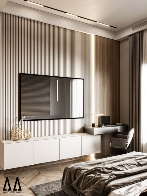 Modern Bedroom Design on Behance Modern Appartement, Sala Grande, Tv Room Design, Tv In Bedroom, Tv Wall Design, Tv Unit Design, Living Room Design Decor, Living Room Tv Wall, Living Room Tv