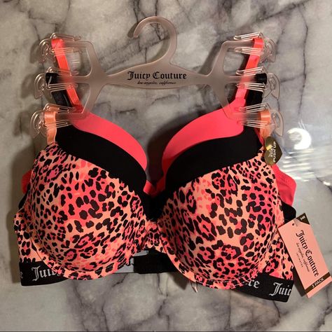 New With Tags Msrp $54 Size: 34b Juicy Couture Los Angeles, California Sexy Push Up Bra Set 3 Pack Black Neon Pink Neon Animal Print, Cheetah Adjustable Straps Juicy Couture Logo Elastic Band 2 Hook Closure Slightly Padded Cups All Reasonable Offers Welcome Smoke Free Home Ships Day Of Or Day After Purchase Cute Bras Sets, Juicy Catore, Push Up Bra Outfit, Neon Bra, Neon Animal Print, 2000s Juicy Couture, Juicy Couture Clothes, Juicy Couture Logo, Mcbling Fashion