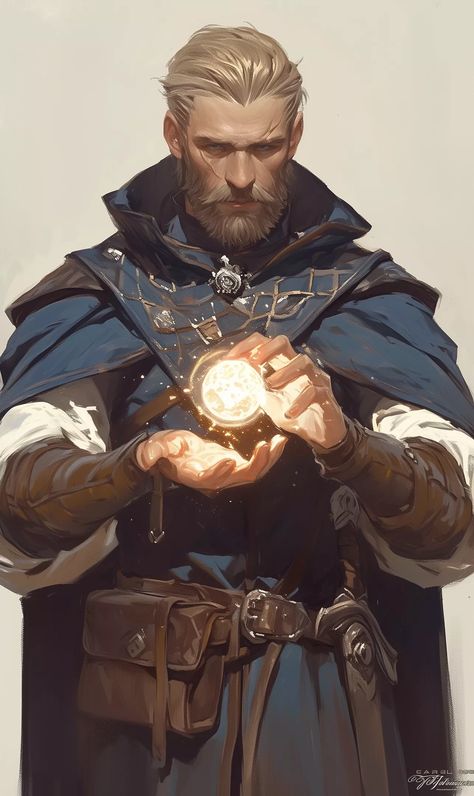 Magician Art Character Design, Tavern Keeper Art, Dnd Cleric Art, Paladin Rpg, Dnd Wizard Character Design, Wizard Character Art, Dnd Cleric Character Design, Dnd Human Male, Wizard Concept Art