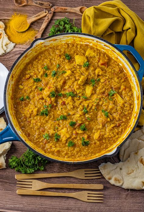 Tender chicken, red lentils, and creamy coconut curry simmer together with simple spices to make this delicious chicken, red lentils, and coconut curry. This one-pot meal is perfect for a comforting dinner or weeknight family meal everyone will love. Red Lentil Coconut Curry, Chicken Lentil Curry, Lentil Coconut Curry, Lentil Coconut, Creamy Coconut Curry, Coconut Curry Recipe, Red Lentil Recipes, Lentil Recipe, Chicken Lentil