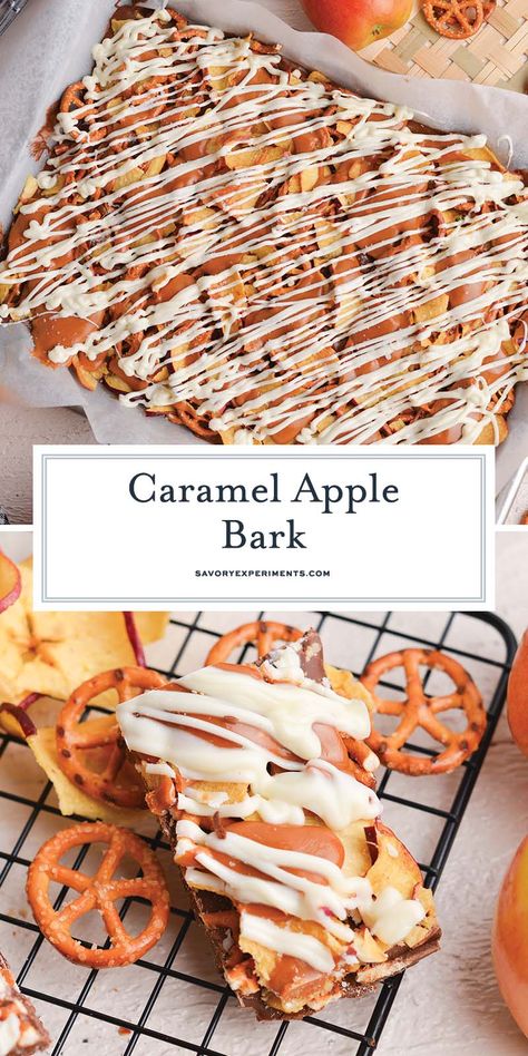 Salty pretzels, sweet apples, and gooey caramel combined with chocolate make this EASY Caramel Apple Bark is the perfect fall treat! Caramel Apple Bark, Pretzels Sweet, Apple Bark, Dried Apple Chips, Salty Pretzels, Apple Slab Pie, Caramel Apple Dump Cake, Caramel Apples Easy, Christmas Eats