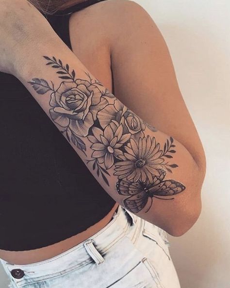 Tatuagem flor no braço #tattooideas #tattooforwomen Flower Tattoo Arm Birth Month Half Sleeves, Lower Arm Flower Sleeve, Flowers Arm Sleeve Tattoo, Half Sleeve Flowers For Women, Sleeve Tattoos For Women Butterflies And Flowers, Tattoo Forearm Sleeve Woman, Birth Flower Tattoos Arm Sleeve, Birth Flower Tattoos Sleeve, Arm Flower Sleeve Tattoo