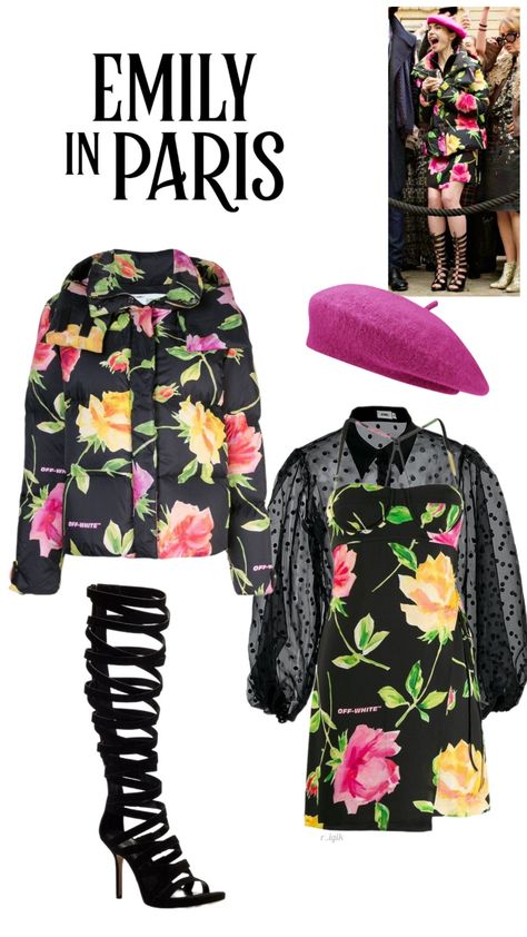 Emily in Paris outfit with off-white jacket and dress, pink beret, black boots Emily In Paris Boots, Emily In Paris Outfits Inspiration, Emily In Paris Inspired Outfits, Emily Outfit, Flowers Outfit, Emily In Paris Fashion, Emily In Paris Outfits, Beret Black, Pink Beret