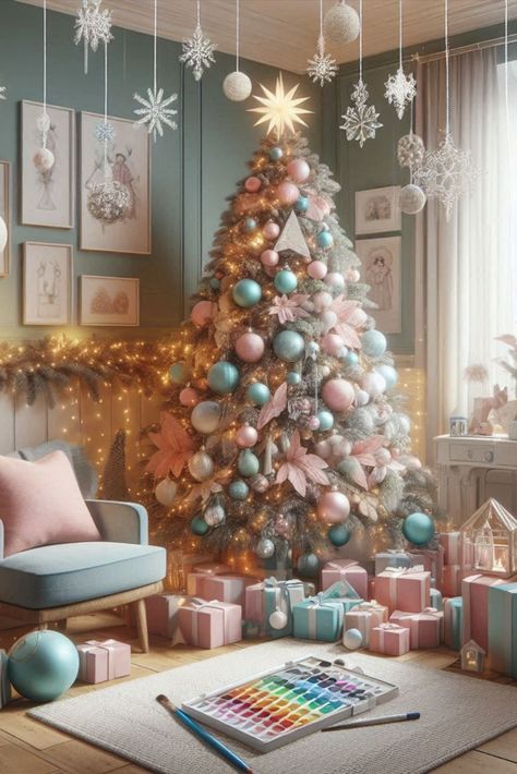 Swap bold hues for gentle tones with a pastel-decorated tree. Discover how to create a whimsical, candy-colored Christmas centerpiece. Plush Toy Christmas Tree, Candy Theme Christmas Tree Ideas, Fun Christmas Tree Ideas For Kids, Christmas Tree Color Schemes, Colored Christmas Tree, Pastel Christmas Tree, Nordic Pastel, Christmas Tree Colour Scheme, Pastel Christmas Decor