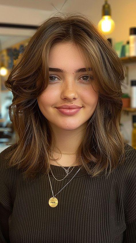 Elegant Enhancers: 25 Slimming Hairstyles for Round Faces Face Framing Layers Short Hair Wavy, Shaping Round Face Hair, Face Framing Layers Medium Round Face, Face Framing Round Layers, Haircut For Medium Length Hair Round Face, Short Hair With Long Layers And Face Framing, Round Big Face Haircuts, Short Hair For Long Round Face, Face Opening Haircuts