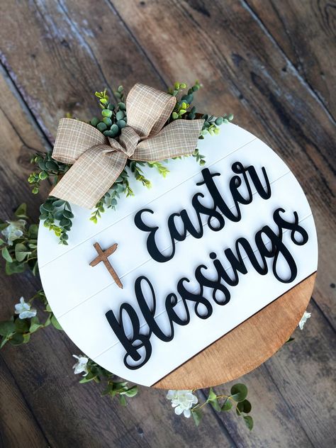 Excited to share this item from my #etsy shop: 3D Easter blessings door hanger, Easter decor, Easter wreath, Easter Blessings #religious #blessthishouse #blessings #heisrisen #easter #welcometoourhome #simple #doorhanger #decor Easter Door Signs, Greenery With White Flowers, Easter Front Door Decor, He Is Risen Cross, Easter Front Door Wreath, Circle Signs, Easter Wood Signs, Easter Front Door, Jesus Easter