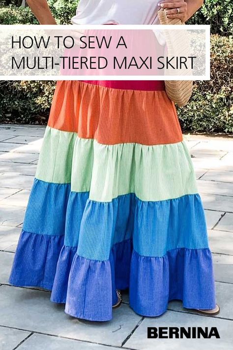 Fashion trends come and go, but one trend that never fully goes away is the multi-tiered maxi skirt. For good reason! They are fun to wear, can be dressed up or down, and are quite comfortable. Find the full tutorial on the blog at weallsew.com. Diy Tiered Skirt, Maxi Skirt Pattern Free, Sew Maxi Skirts, Maxi Skirt Sewing Pattern, Tiered Skirt Pattern, Ruffle Skirt Pattern, Long Skirt Pattern, Diy Maxi Skirt, Maxi Skirt Pattern