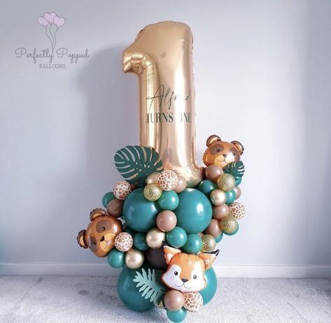 Trolls Balloon Bouquet, Balloon Number Stacks, Balloon Stack, Jungle Theme Decorations, Safari Balloon, Party Balloons Diy, Balloon Bouquet Diy, 1st Birthday Balloons, Balloon Garland Diy