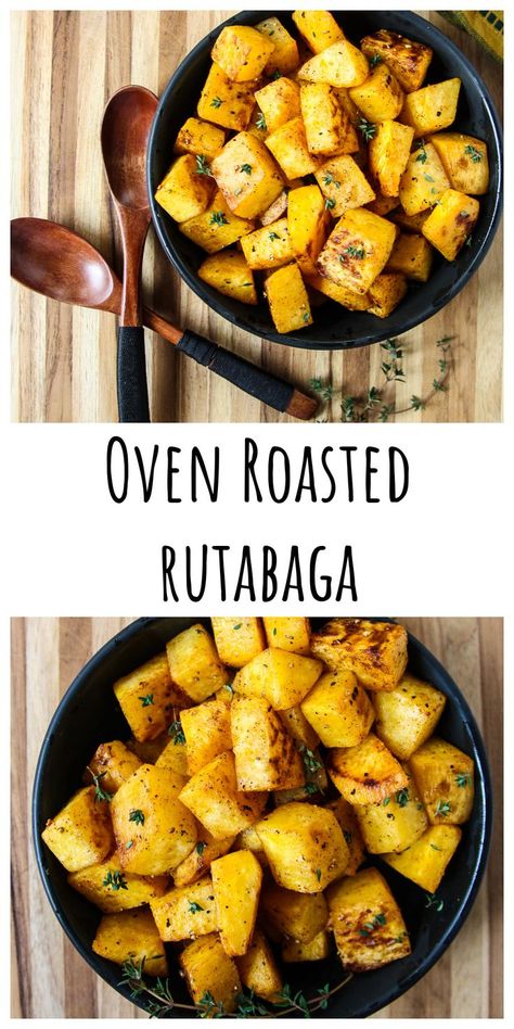 A black bowl full of roasted rutabaga cubes on a wooden board. How To Cook Rutabaga, Swede Recipes, Rutabaga Recipes, Roasted Rutabaga, Veggie Side Dish Recipes, Vegan Side Dishes, Side Dish Recipes Easy, Low Carb Side Dishes, Delicious Vegetables