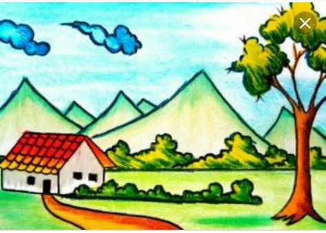 Scenes To Draw, Nature Drawing Pictures, Simple Nature Drawing, Nature Drawing For Kids, Easy Nature Drawings, Features Drawing, Beautiful Scenery Drawing, Village Scene Drawing, Drawing Pictures For Kids