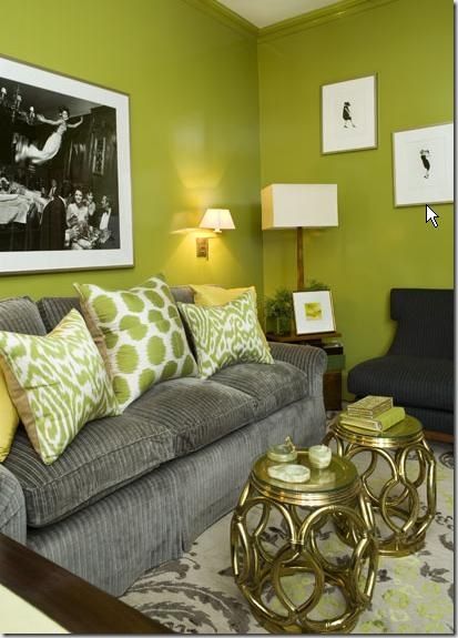 Gray + Black + Lime Green color palette plus a dark plum... living room colors Green Living Room Decor, Lovely Grey, Rooms Design, Living Room Decor Gray, Green Walls, Green Sofa, Living Room Green, Green Rooms, Green Decor