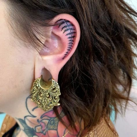 Botanical Ear Tattoo, Mushroom Ear Tattoo, Fern Neck Tattoo, Fern Ear Tattoo, Small Dark Tattoos, Ear Tattoos Women, Viking Ear Tattoo, Earring Tattoo, Tattoo Ear