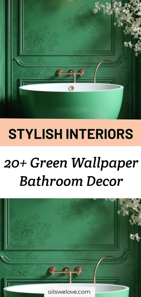 Emerald Elegance: Creating a Luxurious Feel with Green-Themed Bathroom Wallpapers - Transform your bathroom into a tranquil oasis with our curated list of 20+ Bathroom Decor Ideas featuring stunning green wallpapers, perfect for creating a serene and stylish space. From lush botanical patterns to subtle mint hues, these ideas will inspire you to bring nature's calming palette right into your bathroom decor. Green Bathroom With Wallpaper Accent, Green Wallpaper Bathroom Ideas, Green Wallpaper Bathroom, Funky Bathroom Wallpaper, Green Chinoiserie Wallpaper, Bathroom Wallpaper Inspiration, Emerald Green Wallpaper, Green Blue Wallpaper, Bathroom Wallpapers