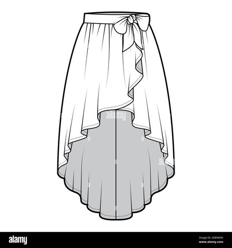 Download this stock vector: Skirt high low cascade wrap technical fashion illustration with semi-circular fullness, thick waistband. Flat bottom template front, white color style. Women, men, unisex CAD mockup - 2D89W5K from Alamy's library of millions of high resolution stock photos, illustrations and vectors. Circular Skirt Illustration, Fit Portfolio, Cascade Skirt, Clothing Templates, Flat Drawings, Flat Sketches, Clothing Design Sketches, Clothing Mockup, Clothing Design