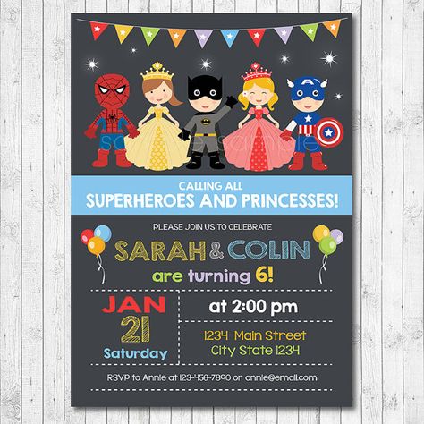 Superhero and Princess Invitation Superheroes by funkymushrooms Superhero Birthday Party Invitations, Combined Birthday Parties, Princess Invitation, Twin Birthday Parties, Princess Birthday Invitations, Twins Birthday, Princess Invitations, Avengers Birthday, Twin Birthday