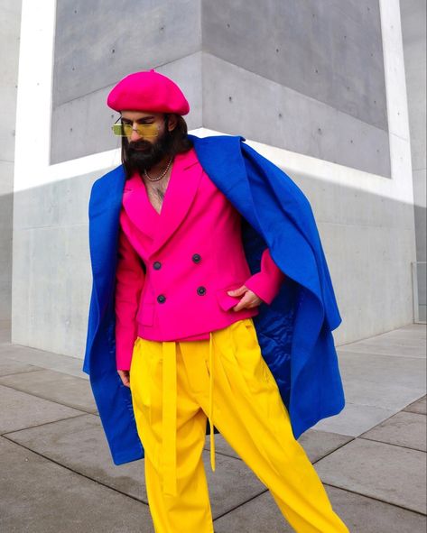 Color combination idea Neon Suit Men, Male Colorful Outfit, Neon Party Outfits Men, Colorful Fashion Men, Analogous Outfit, Color Block Outfits, Mens Smart Outfits, Funky Formal, Neon Party Outfits