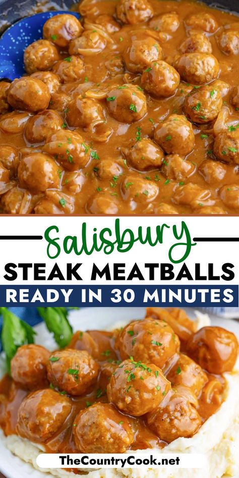 Turn store-bought meatballs into the ultimate comfort food with this recipe for Salisbury Steak Meatballs served in a rich gravy and ready in just 30 minutes! Make A Head Meals, Beef Meatball Recipes, Meat Ball Recipes, Meatball Dinner Ideas, Meatball Meals, Salisbury Meatballs, Quick Meatballs, Frozen Meatball Recipes, Southern Foods