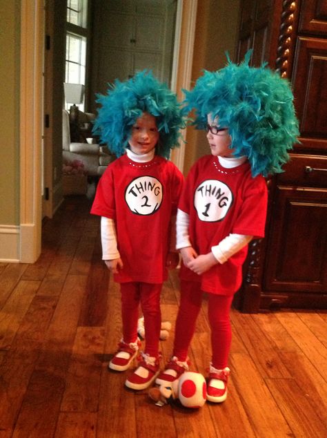 Thing one and thing two Thing One Costume, Childrens Book Character Costumes, Thing One And Thing Two, World Book Day Ideas, Thing One Thing Two, Childrens Book Characters, Thing 1 And Thing 2, Matching Halloween Costumes, Book Character Costumes