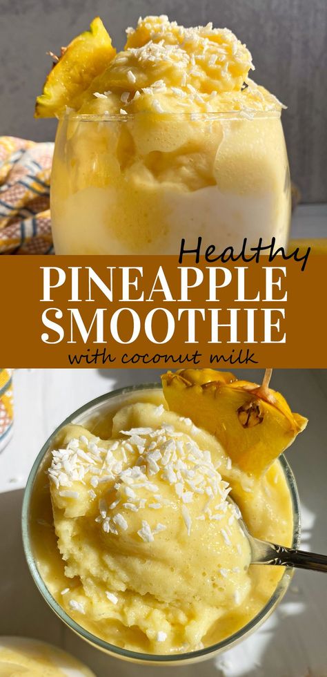 This healthy pineapple smoothie is thick, creamy and refreshing. It's made with frozen pineapple, coconut milk and even contains hidden veggies. This pineapple smoothie recipe is dairy free and a snack the whole family is sure to enjoy! #pineapple #smoothie Pineapple Smoothie Healthy, Smoothie With Coconut, Paleo Smoothie Recipes, Pineapple Coconut Smoothie, Smoothie Without Banana, Pineapple Banana Smoothie, Pineapple Smoothie Recipes, Gluten Free Snacks Healthy, Coconut Milk Yogurt