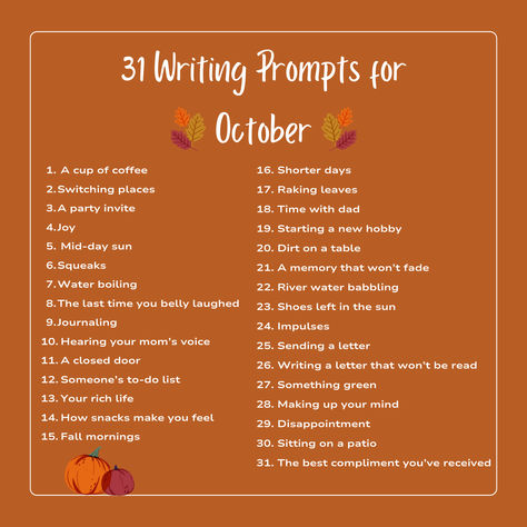 Getting started with writing is the hardest part. Use a prompt to help! Biblical Writing Prompts, List Of Writing Prompts, May Writing Prompts, October Writing Prompts, October Writing, Fun Writing Prompts, Prompts Writing, Photo A Day Challenge, Writing Inspiration Prompts