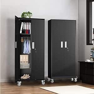 Metal Storage Cabinets Locker for Home Office, 72" Garage Storage Cabinet with Wheels, Lockable Doors and Shelves, Steel Wardrobe Cabinet with Hanging Rod for Bedroom,Garage,Employees,School,Gym Garage Storage Cabinet, Cabinet With Wheels, Steel Wardrobe, Home Lockers, Wardrobe Cabinet, Metal Storage Cabinets, School Gym, Wardrobe Cabinets, Garage Storage Cabinets