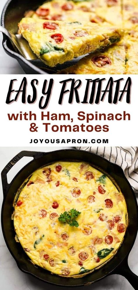 An easy and yummy frittata recipe using a cast iron skillet. Egg mixture combined with ham, tomatoes, spinach and cheese. A delicious brunch and breakfast! Cast Iron Frittata, Joyous Apron, Easy Frittata Recipe, Egg Frittata, Easy Frittata, Ham Breakfast, Iron Recipes, Frittata Recipe, Egg Muffin