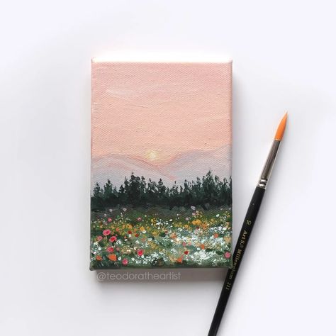 Spring = more colors 🌸⁠ ⁠ I couldn't resist painting a mini landscape with the vibrant colors of this season🌷⁠Swipe to see more photos and let me know what you think🌷🤗⁠ ⁠ the original painting is available for purchase on Etsy ✨ ⁠ ⁠ and in case you want to watch the steps of painting this mini landscape, there's a video on my YT channel ✨ link in my bio⁠ .⁠ .⁠ .⁠ .⁠ #minicanvas #minicanvaspainting #acrylicpaintingartist #acrylicpaintings #artistsonig #artstudio #artstudiolife #minipainting ... Diy Mini Paintings, Nature Mini Painting, Simple Acrylic Paintings Aesthetic, Mini Mountain Painting, Tiny Paintings Ideas, Landscape Mini Paintings, Mini Landscape Paintings, Tiny Acrylic Painting, Tiny Mountain Painting