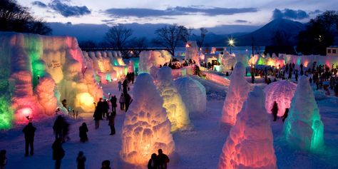 An ice festival held at Lake Shikotsu hot springs | Chitose and Lake Shikotsu Ice Festiva Sapporo Japan Snow Festival, Date Ideas In Winter, North Japan, Giant Building, Sapporo Snow Festival, Ice Festival, Snow Festival, Northern Japan, Sapporo Japan