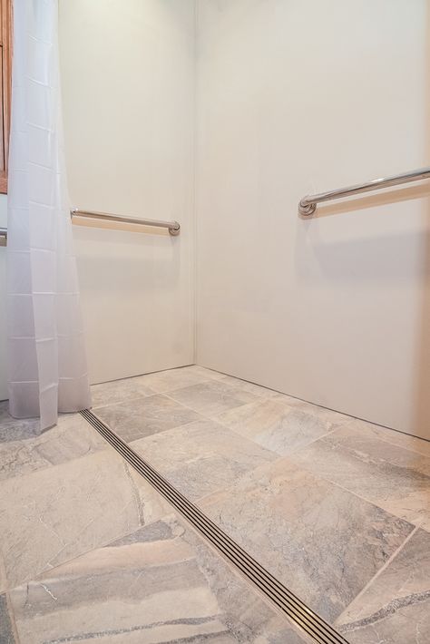 Barrier Free Shower Ideas, Zero Edge Shower Floor, Handicapped Master Bath, Wheelchair Accessible Laundry Room, Roll In Showers Small Bathroom, Wheelchair Accessible Shower Ideas, Accessible Shower Design, No Threshold Showers, Bathroom With Door To Outside