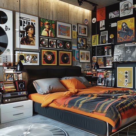 music-themed-bedrooms Guitar Themed Bedroom, Guitar Bedroom Ideas, Music Apartment, Music Bedroom Aesthetic, Music Inspired Bedroom, Thomas Bedroom, Music Themed Rooms, 70s Bedroom, Music Themed Bedroom