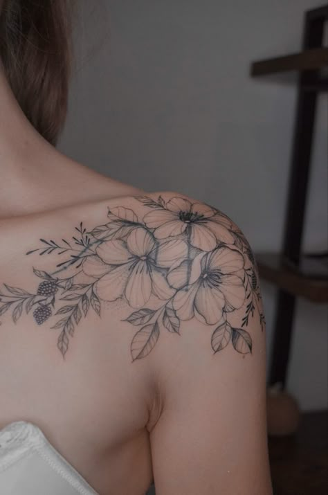 Shoulder Piece Tattoo, Demon Tattoos, Violet Flower Tattoos, Front Shoulder Tattoos, Clavicle Tattoo, Shoulder Cap Tattoo, Tattoo After Care, Floral Tattoo Shoulder, Tattoo Snake