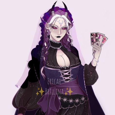 Purple Tiefling Female Bard, Witch Oc Design, Dark Witch Character Design, Dnd Tiefling Oc, College Of Spirits Bard, Dnd Goth, Tiefling Bard Female, Purple Tiefling Female, Dnd Npc Ideas