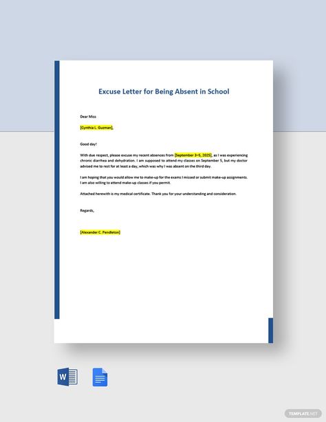 Free Excuse Letter for Being Absent in School Template How To Make Excuse Letter For School, Excuse Letter For Absent Student, Absent Letter For School, School Excuse Notes, Excuse Letter For Being Sick Student, Excuse Letter For Being Sick, School Absence Note Free Printable, Excuse Letter For Being Absent In School Because Of Sick, School Absent Excuse Notes