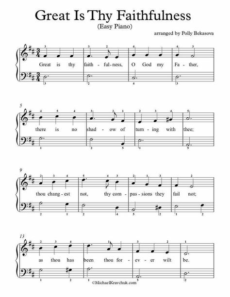 Free Piano Arrangement Sheet Music – Great Is Thy Faithfulness Easy Piano Hymns Free Printable, Easy Gospel Piano Sheet Music, Easy Christian Piano Songs, Free Piano Sheet Music Printables Easy, Free Piano Sheet Music Printables, Great Is Thy Faithfulness Hymn, Piano Theory, Violin Notes, Jazz Chords