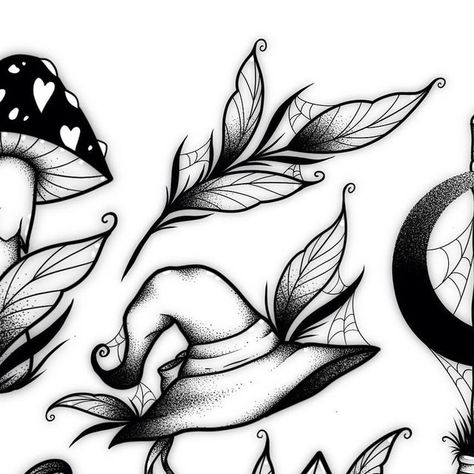 Halloween Leaf Tattoo, Spooky Leaves Tattoo, Witchy Tattoo Flash Sheet, Spooky Rose Tattoo, Occult Flash Tattoo, Witch Hat Tattoo Design, Spooky Nature Tattoo, Dark Leaf Tattoo, Mushroom Tattoo Flash