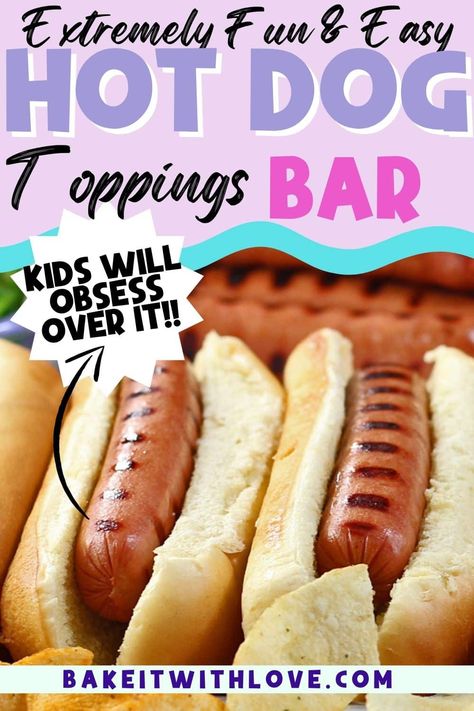 This hot dog bar is the perfect way to feed a crowd at parties or any special occasion you plan on having a lot of guests! Everyone will love building their own hotdogs using a variety of meat, vegetables, cheese, condiments, and more at this DIY hot dog buffet! You can even save time on the day of the party by preparing all of the toppings in advance! BakeItWithLove.com #bakeitwithlove #hotdogs #partyideas #buffet #grill #condiments Carnival Hot Dogs, Chili Dog Buffet Bar Ideas, Hamburger Hot Dog Party, Hot Dog Bar Toppings List, How To Serve Hotdogs At A Party, Fancy Hot Dog Bar, Hot Dog Serving Ideas, Tailgate Hot Dogs, Weenie Roast Party Ideas