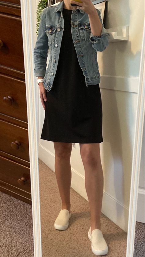 Denim jacket, black t-shirt dress, cream slip-on sneakers •black casual dress •cream slip-on shoes Slip On Shoes Outfit, On Shoes Outfit, Denim Jacket Black, Black Casual Dress, Dress Cream, Shoes Outfit, Black Casual, Black T Shirt, Slip Ons