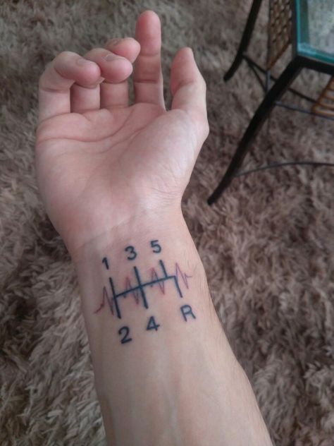 Stick Shift Tattoo Ideas, Gearhead Tattoo Ideas, Stick Shift Tattoo, Car Gear Tattoo, 6 Speed Gear Shift Tattoo, Mustang Tattoo Ideas, Auto Tattoo Ideas, Gearhead Tattoo, Gear Shift Tattoo