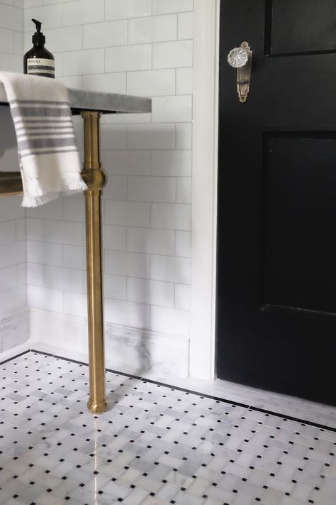 Malcolm's Bathroom Reveal - The Power Of Pivoting, Intentional Design, And A DIY That Will Have You Digging Into Your Walls - Emily Henderson Small Bathroom With Marble Tile, Vintage Tile Bathroom Floor, Black And White Bathroom Floor Ideas, Small Tiled Bathroom, Small Bathroom Floor Tile Ideas, Black And White Bathroom Tile, Vintage Bathroom Floor, Black And White Bathroom Floor, Classic Bathroom Tile