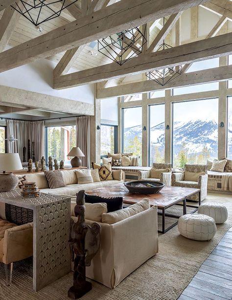 This cozy mountain home reflects the beauty of the Rockies while also being modern, light, and airy. Cozy Mountain Home, Vaulted Ceiling Living Room, Coastal Living Rooms, Modern Farmhouse Living Room, Versace Home, Rustic Living, Rustic Living Room, A Living Room, Farmhouse Living