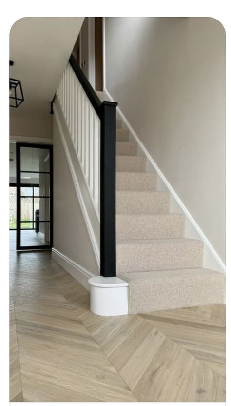 Neutral Hallway And Stairs, Charcoal Bannister, Black And Neutral Staircase, No Banister Stairs, Grey Handrail Stairs, Stairs With Paneling, 1930s House Interior Hallway, Light Grey Staircase, Greige Hallway Ideas