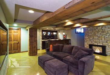 Cover Soffit in wood Basement Soffit Ideas, Rustic Finished Basement, Eclectic Basement, Basement Ceiling Ideas Cheap, Cheap Basement Ideas, Cheap Basement Remodel, Ceiling Tiles Basement, Basement Living Room, Basement Ceiling Options