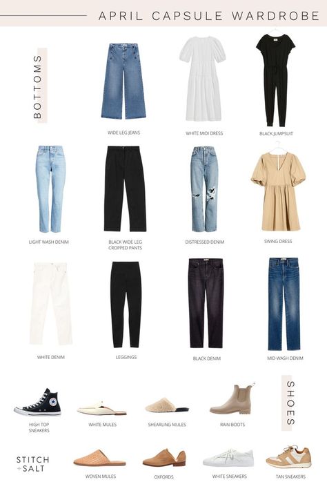 a graphic with bottoms and shoes from my April Capsule Wardrobe Capsule Wardrobe 2022 Spring, Spring Capsule Wardrobe Casual, Travel Capsule Wardrobe Spring, 2022 Capsule Wardrobe, Casual Mom Style, Capsule Wardrobe Checklist, Capsule Wardrobe Casual, Capsule Wardrobe Minimalist, Capsule Wardrobe Basics