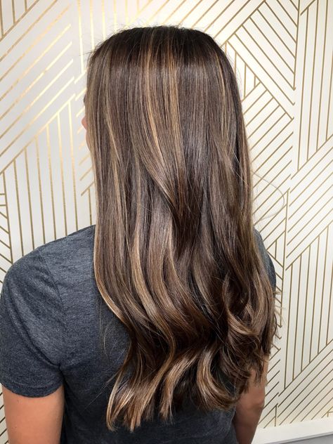 Subtle brunette partial foiliage / foilayage Partial Foils Brunette, Foilyage Hair Brunettes, Partial Foil Highlights Brunette, Partial Highlights For Brunettes, Subtle Brunette, Partial Foil, Partial Balayage, Hair Color Images, Hair Services